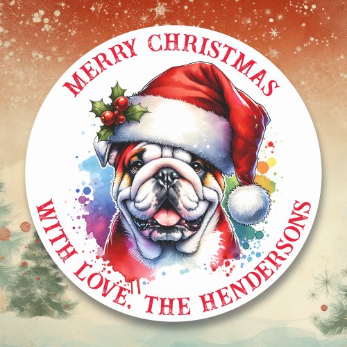  English Bulldog in Santa Hat Personalized Classic Round Sticker