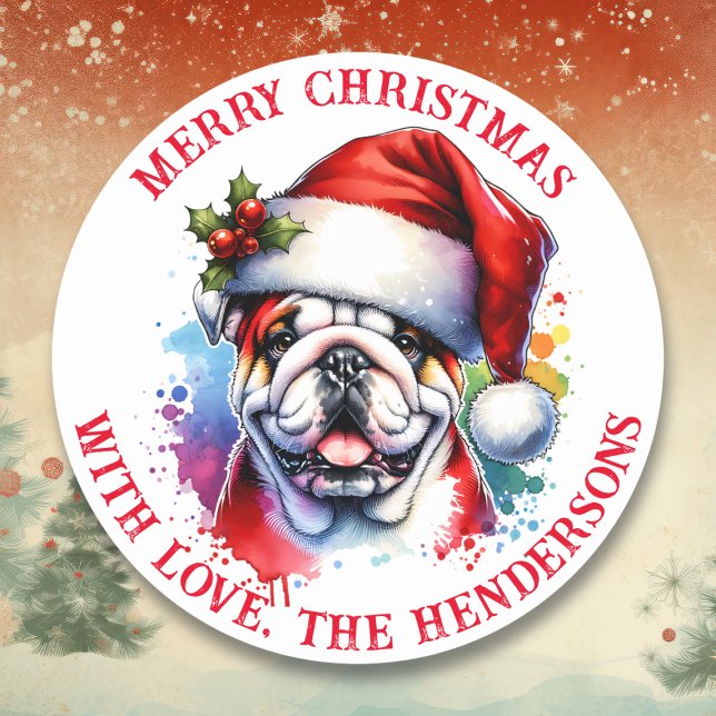  English Bulldog in Santa Hat Personalized Classic Round Sticker (Creator Uploaded)