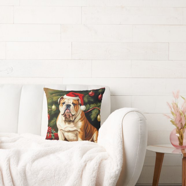 English Bulldog in Santa hat, Throw Pillow (Couch)