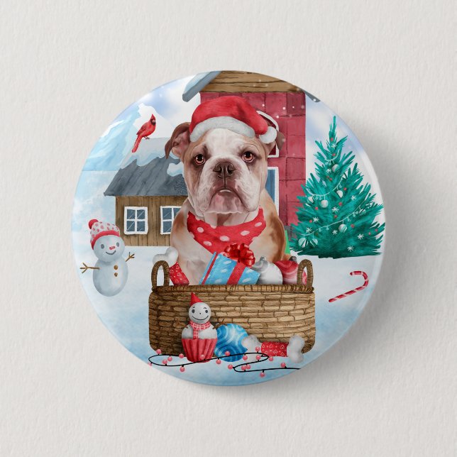 English Bulldog In snow Christmas Dog House Button (Front)