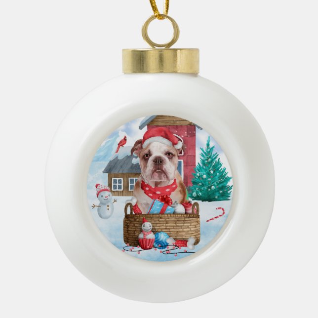 English Bulldog In snow Christmas Dog House Ceramic Ball Christmas Ornament (Front)