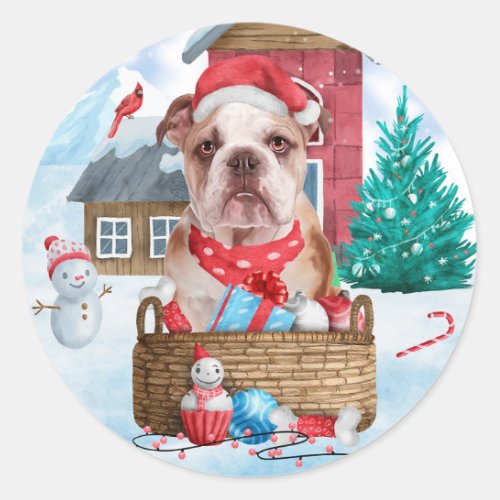 English Bulldog In snow Christmas Dog House Classic Round Sticker