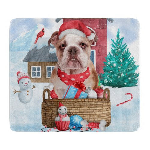 English Bulldog In snow Christmas Dog House Cutting Board