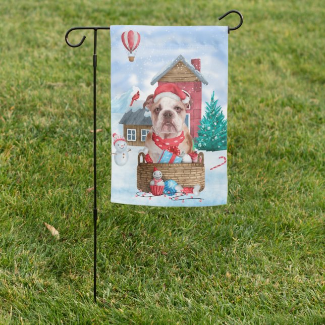 English Bulldog In snow Christmas Dog House Garden Flag (In SItu)