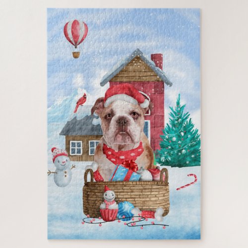 English Bulldog In snow Christmas Dog House Jigsaw Puzzle