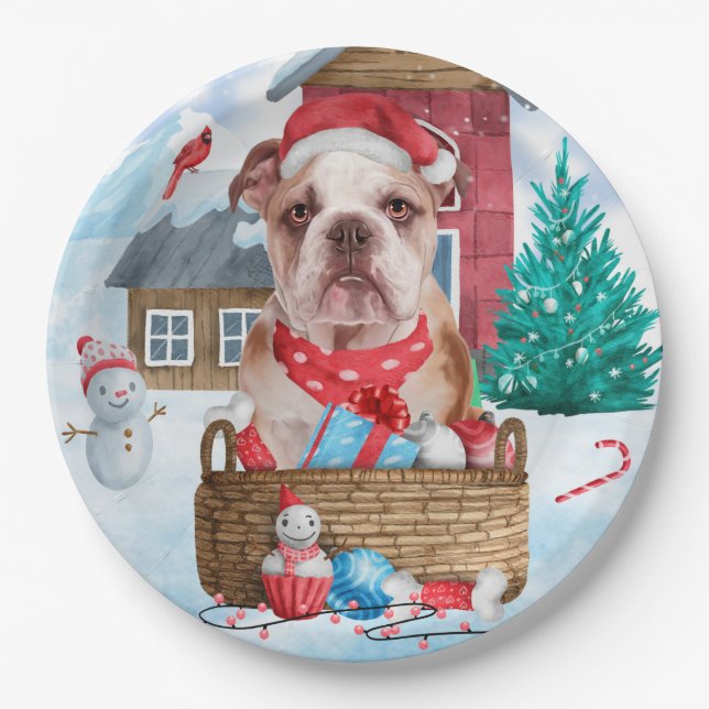 English Bulldog In snow Christmas Dog House Paper Plates (Front)