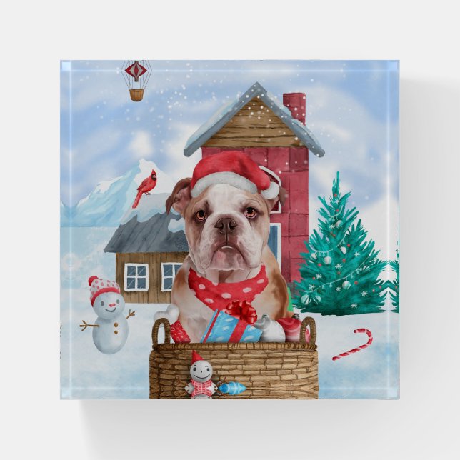 English Bulldog In snow Christmas Dog House Paperweight (Front)