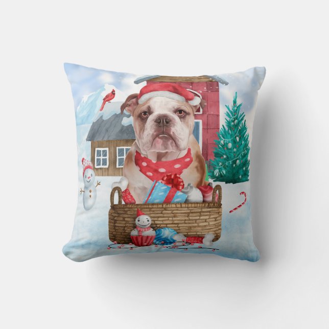 English Bulldog In snow Christmas Dog House  Throw Pillow (Front)