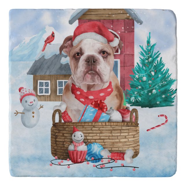 English Bulldog In snow Christmas Dog House Trivet (Front)