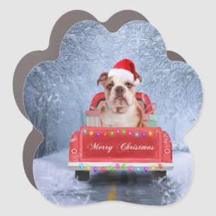 English Bulldog in Snow sitting in Christmas Truck Car Magnet