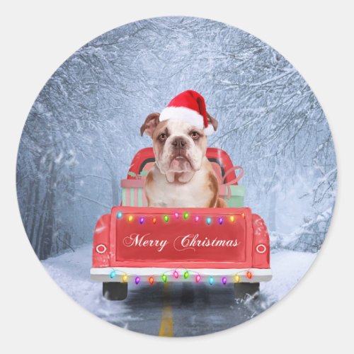 English Bulldog in Snow sitting in Christmas Truck Classic Round Sticker