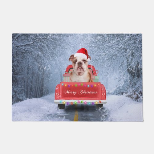 English Bulldog in Snow sitting in Christmas Truck Doormat