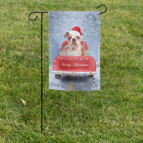 English Bulldog in Snow sitting in Christmas Truck Garden Flag