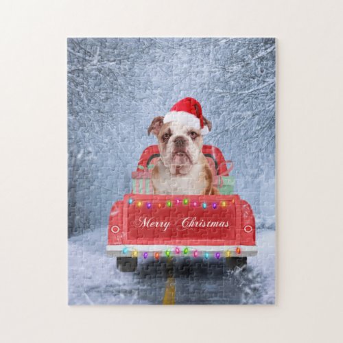 English Bulldog in Snow sitting in Christmas Truck Jigsaw Puzzle