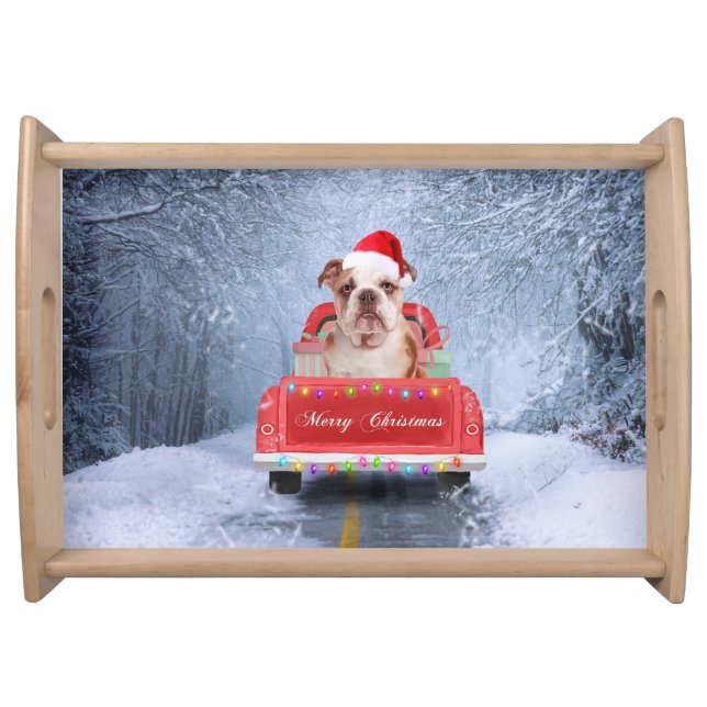 English Bulldog in Snow sitting in Christmas Truck Serving Tray (Front)