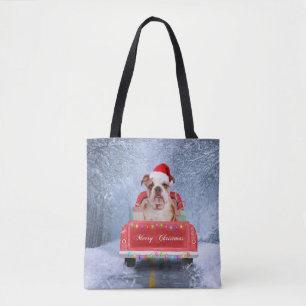 English Bulldog in Snow sitting in Christmas Truck Tote Bag