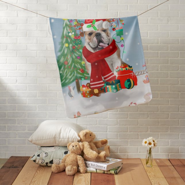 English Bulldog in Snow with Christmas Gifts   Baby Blanket (In Situ)