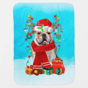 English Bulldog in snow with Christmas gifts Baby Blanket