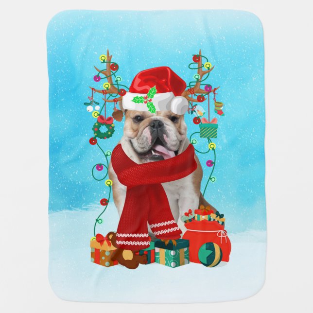 English Bulldog in snow with Christmas gifts Baby Blanket (Front)
