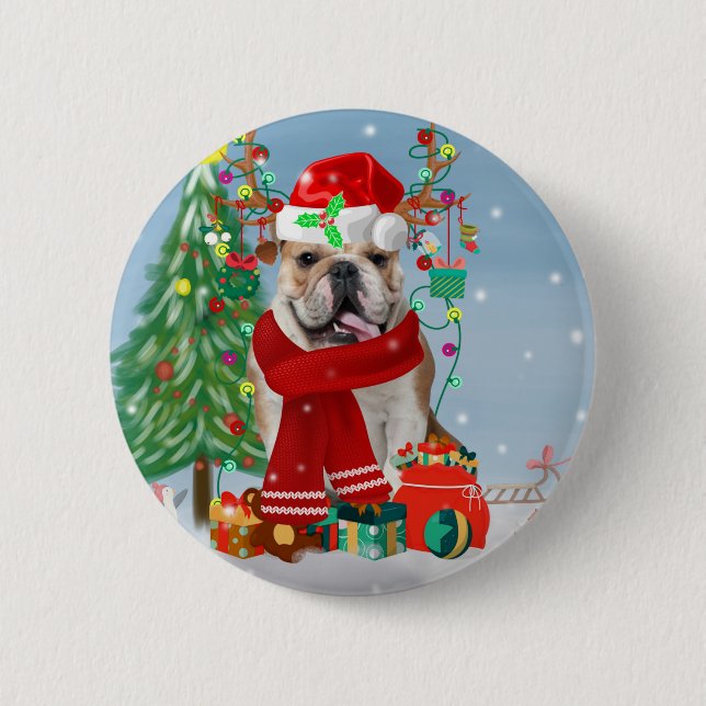 English Bulldog in Snow with Christmas Gifts Button (Front)