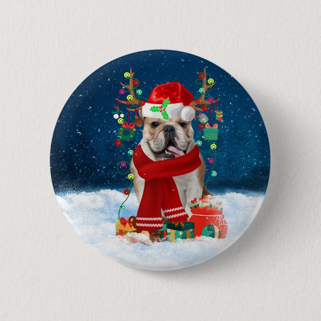English Bulldog in Snow with Christmas Gifts  Button (Front)