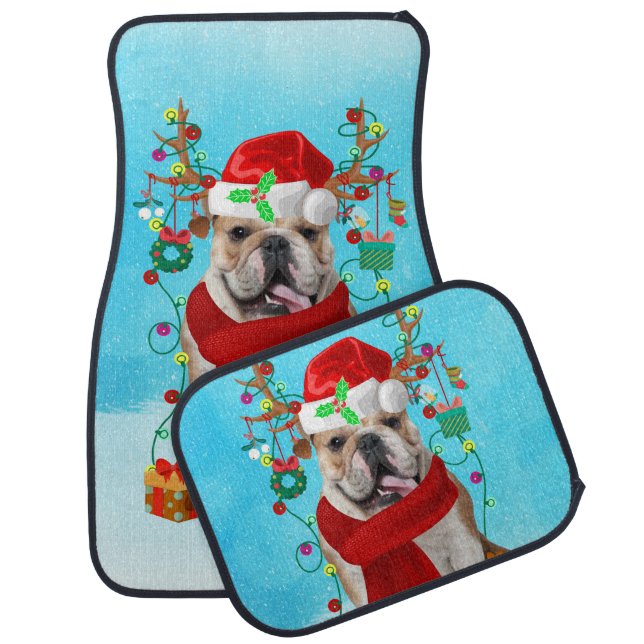 English Bulldog in snow with Christmas gifts Car Floor Mat (Set)