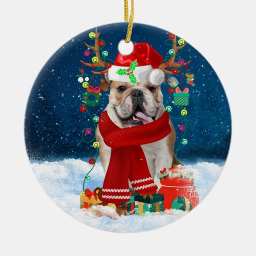 English Bulldog in Snow with Christmas Gifts  Ceramic Ornament