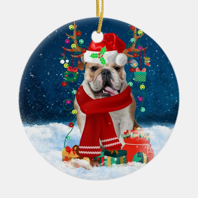 English Bulldog in Snow with Christmas Gifts  Ceramic Ornament (Front)