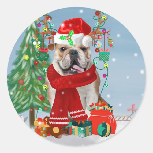 English Bulldog in Snow with Christmas Gifts  Classic Round Sticker