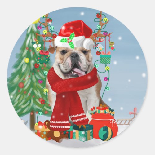 English Bulldog in Snow with Christmas Gifts  Classic Round Sticker