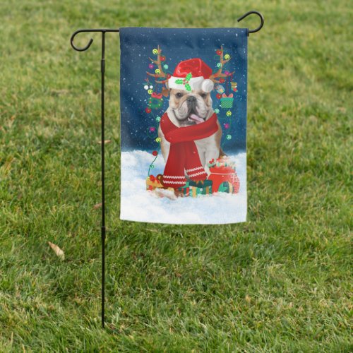 English Bulldog in Snow with Christmas Gifts Garden Flag