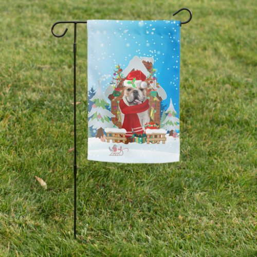 English Bulldog in snow with Christmas gifts  Garden Flag