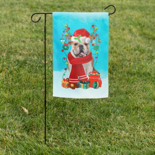 English Bulldog in snow with Christmas gifts Garden Flag