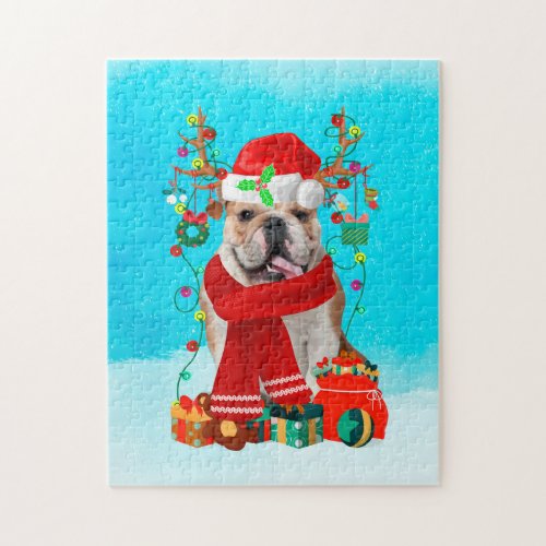 English Bulldog in snow with Christmas gifts  Jigsaw Puzzle