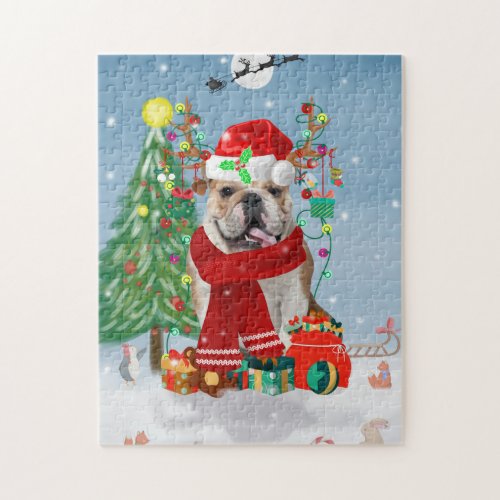 English Bulldog in Snow with Christmas Gifts  Jigsaw Puzzle