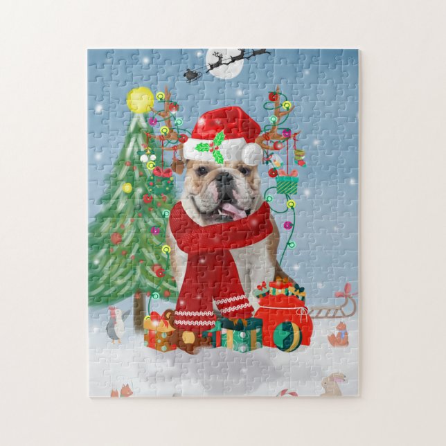 English Bulldog in Snow with Christmas Gifts  Jigsaw Puzzle (Vertical)