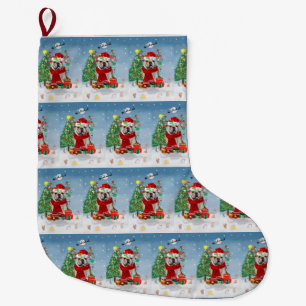English Bulldog in Snow with Christmas Gifts Large Christmas Stocking