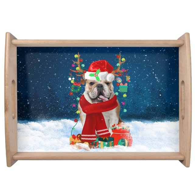 English Bulldog in Snow with Christmas Gifts  Serving Tray (Front)