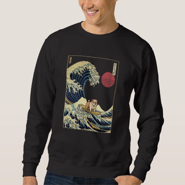 English Bulldog Japanese Kanagawa Wave  Surf Dog Sweatshirt (Front)