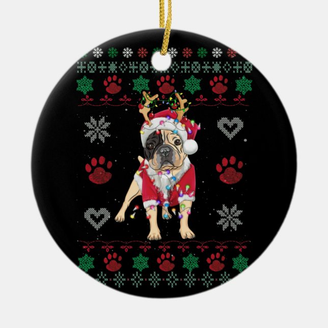 English Bulldog Lights Santa Ugly Christmas Ceramic Ornament (Front)