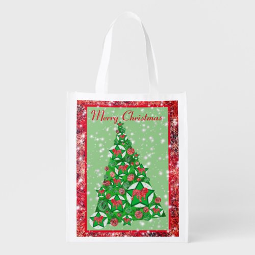 English Bulldog Merry Christmas Tree w Stars Grocery Bag