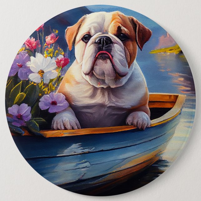 English Bulldog on a Paddle: A Scenic Adventure Button (Front)