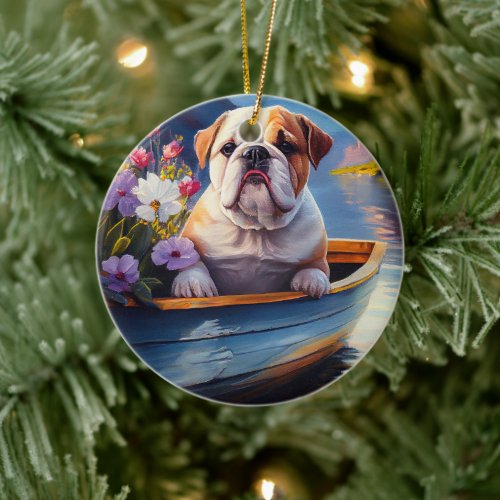 English Bulldog on a Paddle: A Scenic Adventure Ceramic Ornament