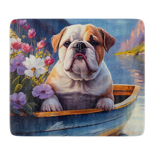 English Bulldog on a Paddle A Scenic Adventure Cutting Board