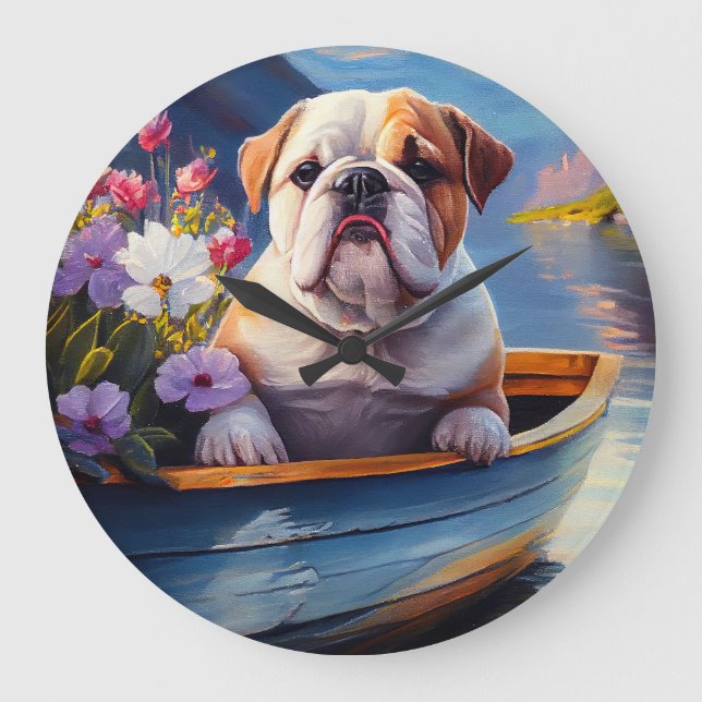 English Bulldog on a Paddle: A Scenic Adventure Large Clock (Front)