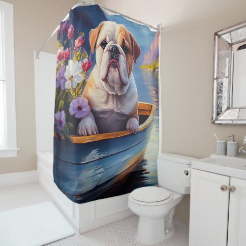 English Bulldog on a Paddle A Scenic Adventure Shower Curtain