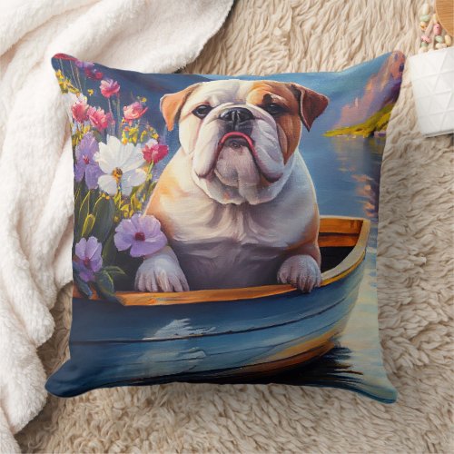 English Bulldog on a Paddle A Scenic Adventure Throw Pillow