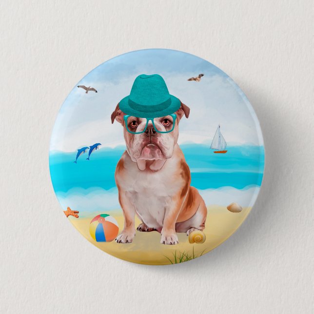 English Bulldog on Beach Button (Front)