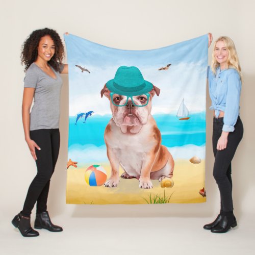 English Bulldog on Beach Fleece Blanket