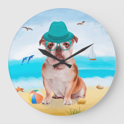 English Bulldog on Beach Large Clock